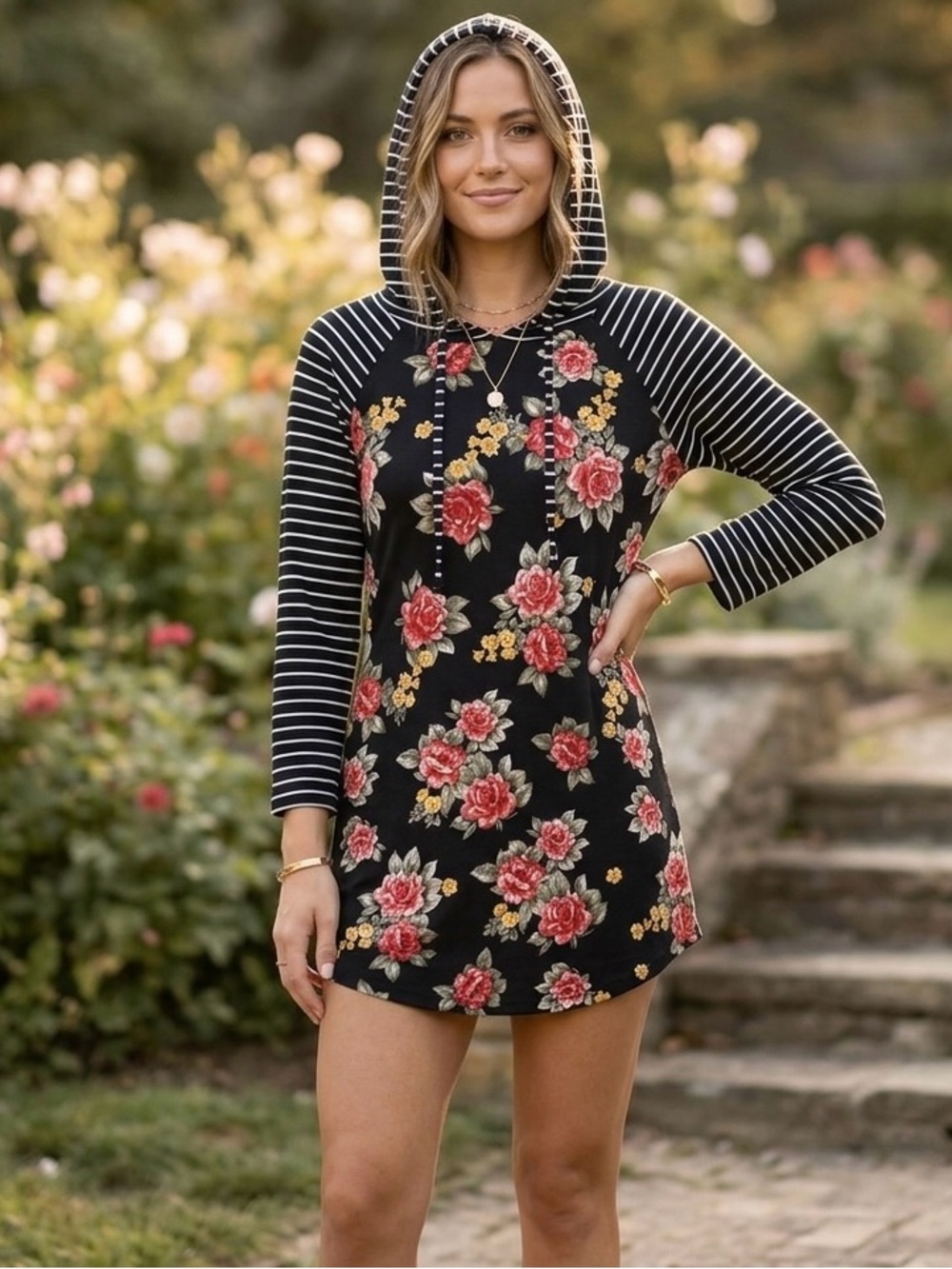 Ultra Flirt Black Floral Striped Hooded Mini Dress